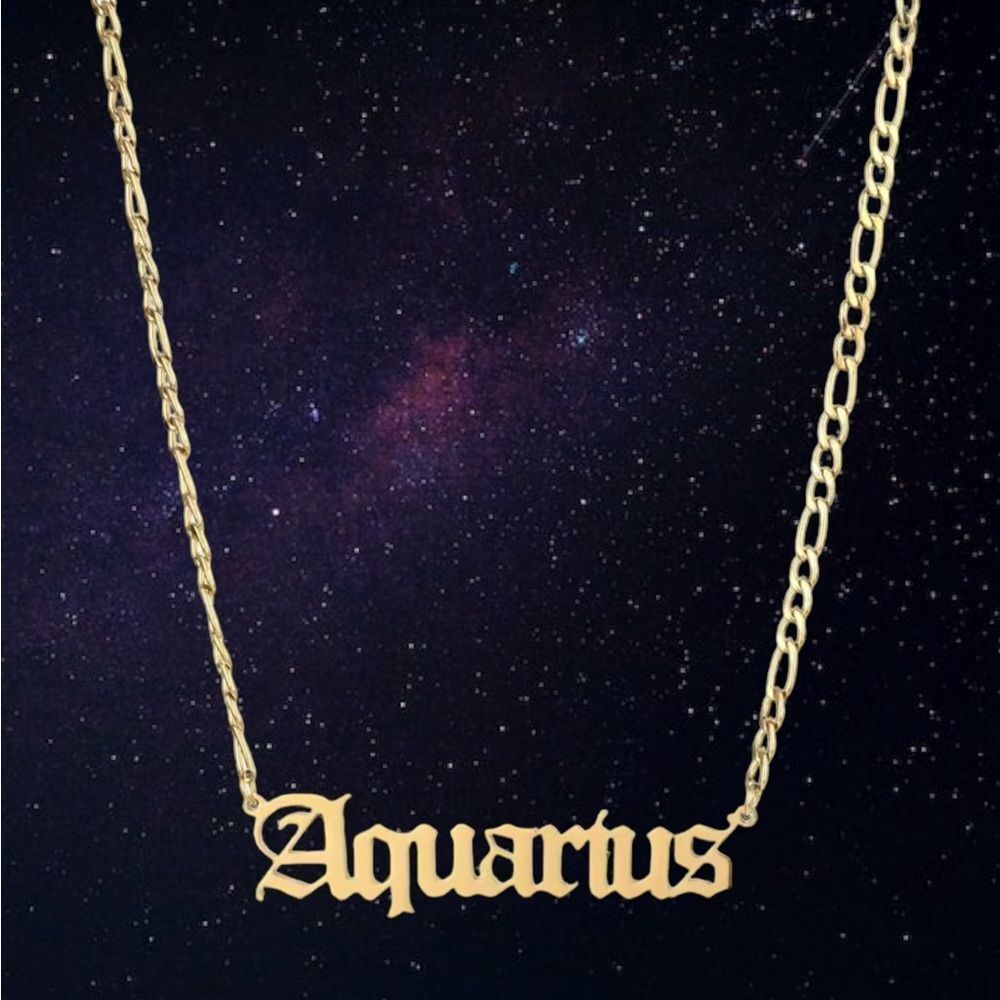 Zodiac Aquarius Gold Nameplate Figaro necklace